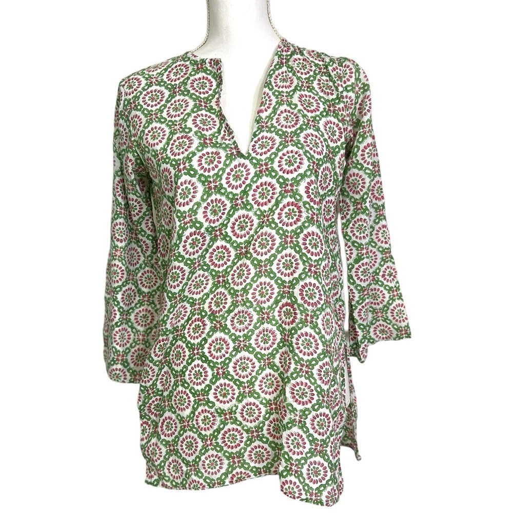 Roberta Roller Rabbit Top Women’s XS Green Pink 3/4 Sleeve Lightweight Tunic